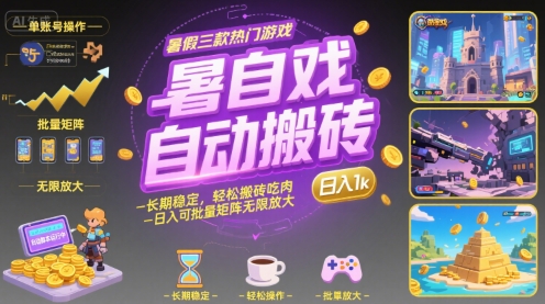 暑假三款热门游戏自动搬砖，长期稳定，轻松搬砖吃肉，日入1k ，可批量矩阵无限放大【揭秘】-校睿铺