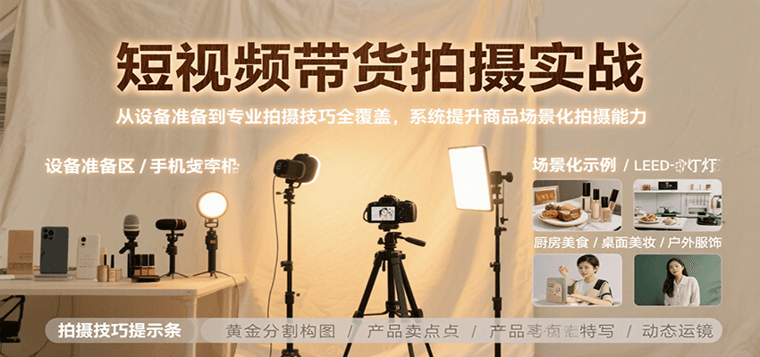 短视频带货拍摄实战，从设备准备到专业拍摄技巧全覆盖，系统提升商品场景化拍摄能力-校睿铺