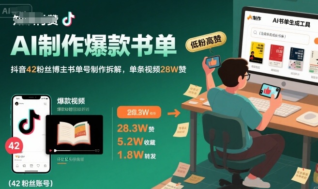 AI制作爆款书单，抖音42粉丝博主书单号制作拆解，单条视频28W赞-校睿铺