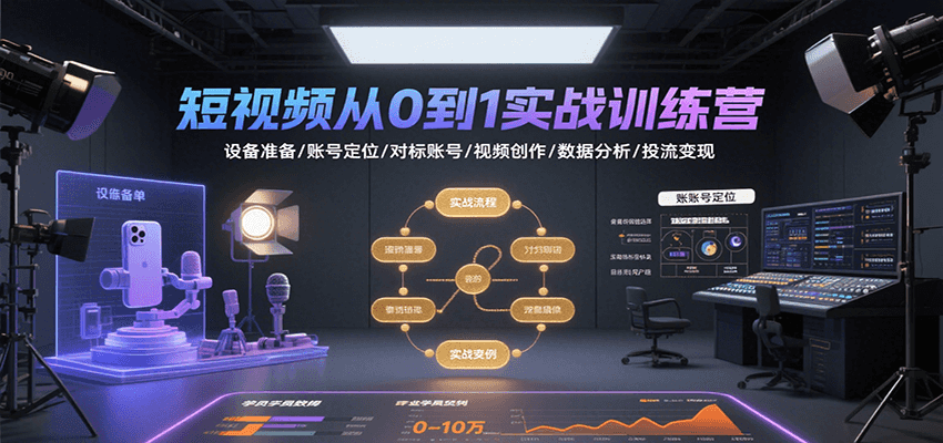 短视频从0到1实战训练营：设备准备/账号定位/对标账号/视频创作/数据分析/投流变现-校睿铺