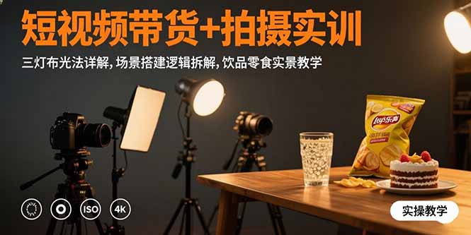 短视频带货+拍摄实训：三灯布光法详解,场景搭建逻辑拆解,饮品零食实景教学-校睿铺