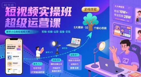 短视频实操班超级运营课，新手小白到短视频大神必修课程，剪辑-拍摄-运营-直播-变现-校睿铺