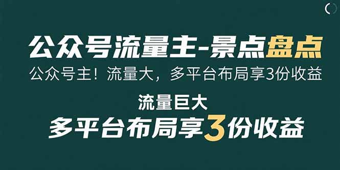 公众号流量主-景点盘点 流量巨大 多平台布局享3份收益-校睿铺