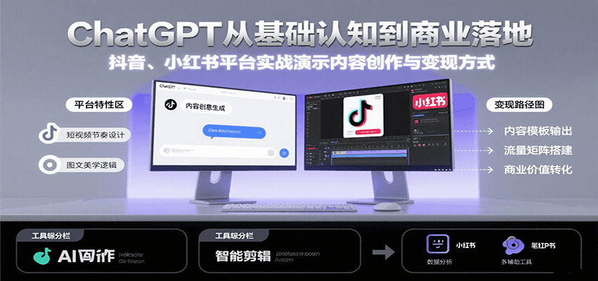 ChatGPT从基础认知到商业落地，实战演示抖音、小红书等平台的内容创作与变现-校睿铺