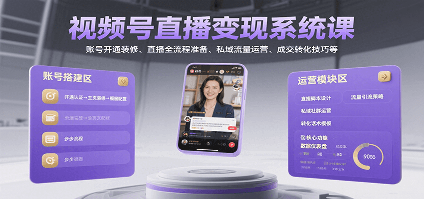 视频号直播变现系统课，账号开通装修、直播全流程准备、私域流量运营、成交转化技巧等-校睿铺