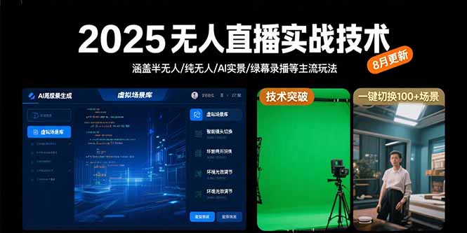 2025无人直播实战技术-8月，涵盖半无人/纯无人/AI实景/绿幕录播等主流玩法-校睿铺