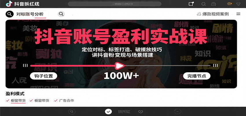 抖音账号盈利实战课，定位对标、标签打造、破播放技巧，讲涨粉变现与场景搭建-校睿铺