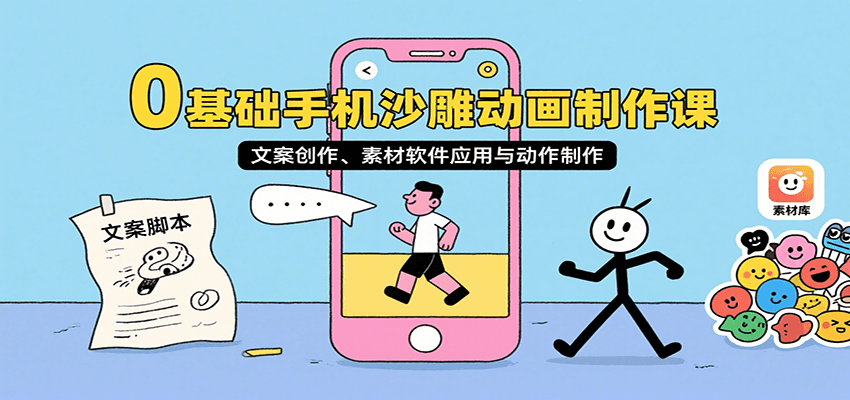 0基础手机沙雕动画制作课，文案创作、素材软件应用与动作制作-校睿铺