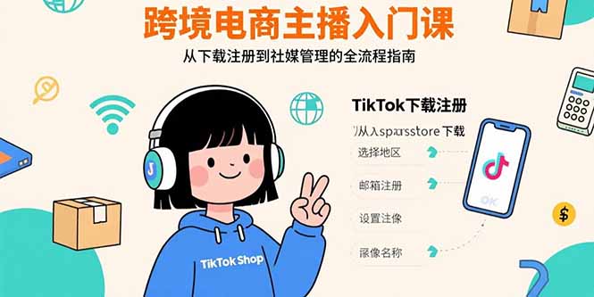 跨境电商主播入门课，TikTok下载注册，支付工具配置，社媒账号管理全流程-校睿铺