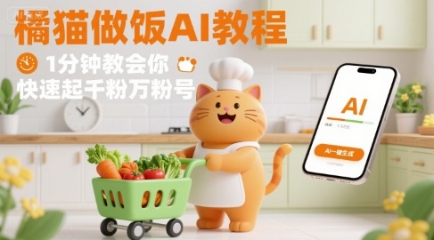 有趣的橘猫买菜做饭视频，用AI一键搞定，1分钟教会你，快速起千粉万粉号-校睿铺