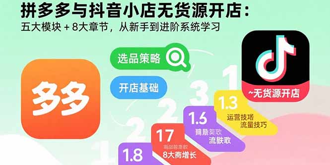 拼多多与抖音小店无货源开店：五大模块+8大章节，从新手到进阶系统学习-校睿铺