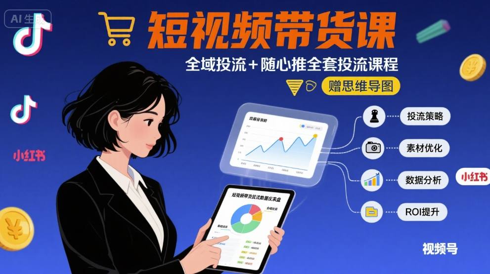 最新短视频带货课，全域投流+随心推全套投流课程+思维导图-校睿铺