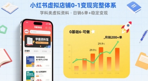 小红书虚拟店铺0-1变现完整体系：卖学科类虚拟资料，一天6张+，很稳定【已完结】-校睿铺