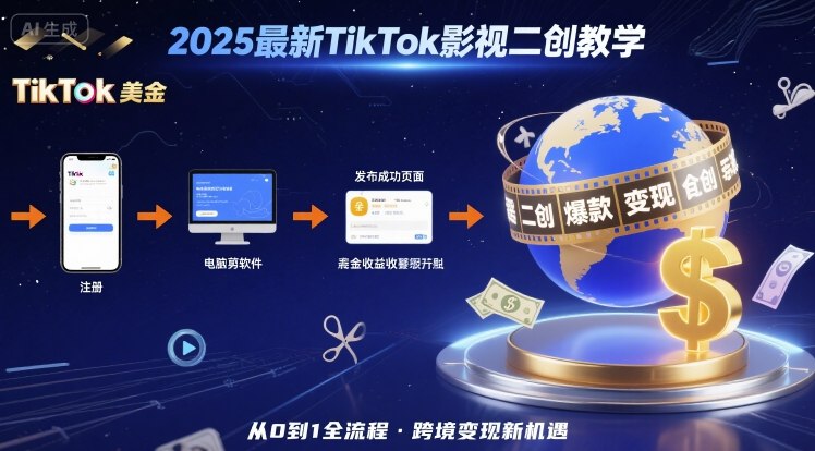 2025年最新TikTok影视二创教学，从注册到发布撸美金全流程，跨境变现新机遇-校睿铺