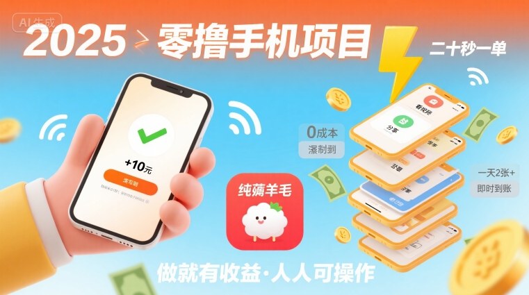 2025年零撸手机项目，二十秒一单，纯薅羊毛 一天2张+做就有-校睿铺