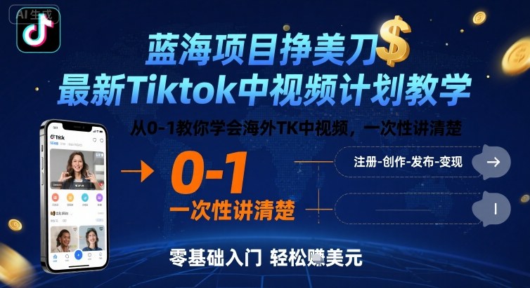 蓝海项目挣美刀，最新Tiktok中视频计划教学，从0-1教你学会海外TK中视频，一次性讲清楚-校睿铺