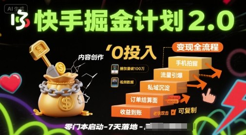 快手掘金计划2.0，快手电商变现全流程，简单可复制，0投入-校睿铺