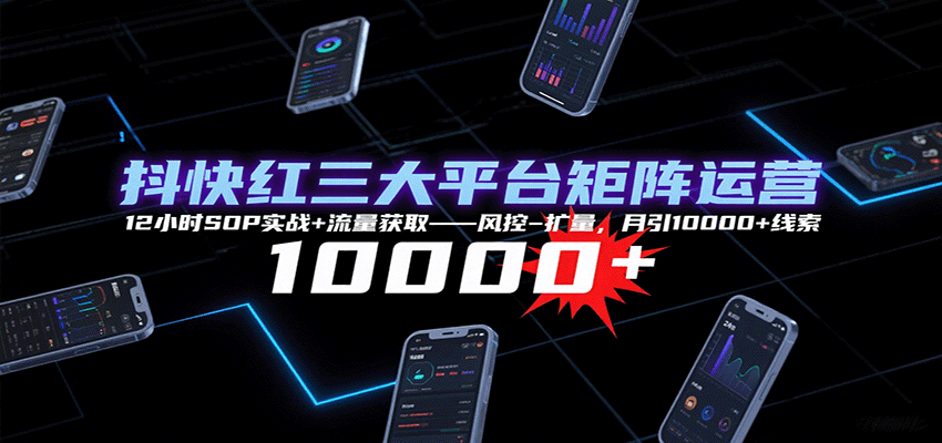 抖快红三大平台矩阵运营，12小时SOP实战+流量获取-风控-扩量，月引10000+线索-校睿铺