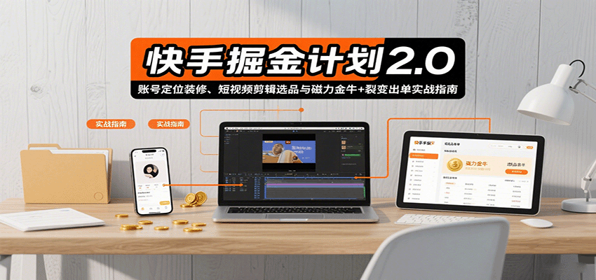 快手掘金计划2.0，账号定位装修、短视频剪辑选品与磁力金牛+裂变出单实战指南-校睿铺