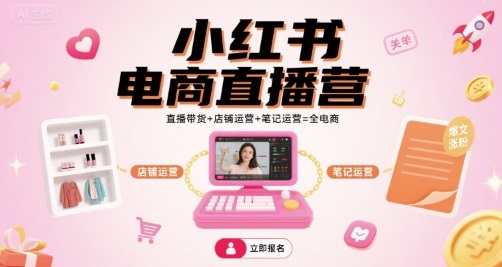 小红书电商直播营，直播带货+店铺运营+笔记运营=全电商-校睿铺