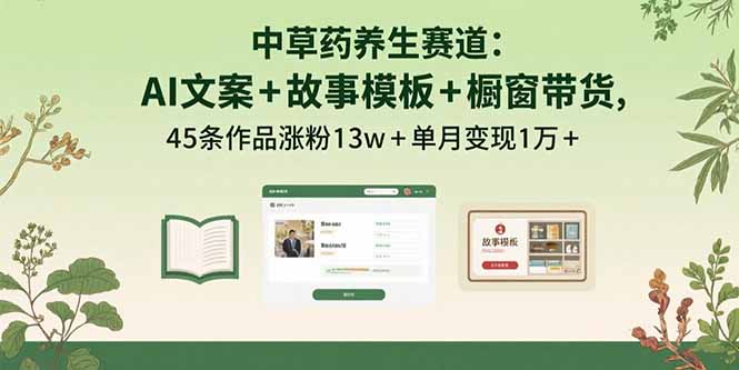 中草药养生赛道：AI文案+故事模板+橱带货，45条作品涨粉13w+单月变现1万+-校睿铺