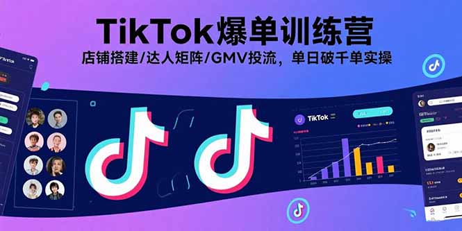 TikTok爆单训练营，店铺搭建/达人矩阵/GMV投流，单日破千单实操-校睿铺