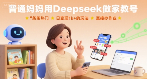 普通妈妈用Deepseek做家教号，条条热门，日变现1k+的玩法，直接抄作业-校睿铺