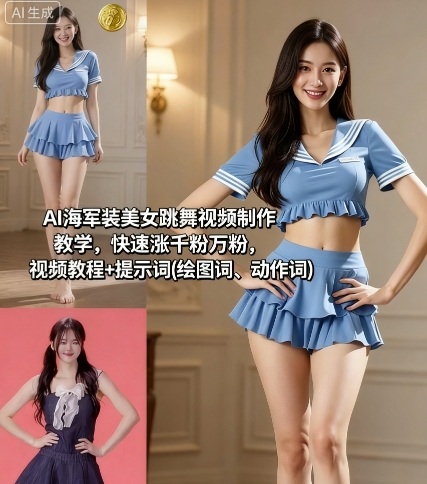 AI海军装美女跳舞视频制作教学，快速涨千粉万粉，视频教程+提示词(绘图词、动作词)-校睿铺