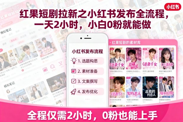 红果短剧拉新之小红书发布全流程，一天2小时，小白0粉就能做-校睿铺