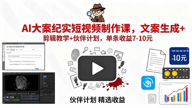 AI大案纪实短视频制作课，文案生成+剪辑教学+伙伴计划，单条收益7-10元-校睿铺