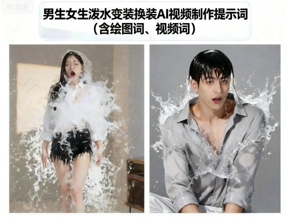 男生女生泼水变装换装AI视频制作提示词(含绘图词、视频词)-校睿铺