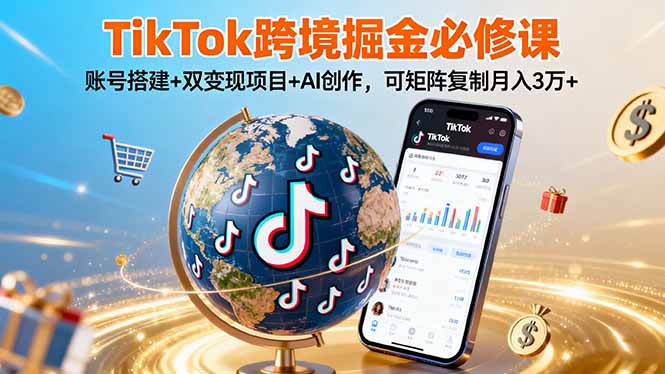 TikTo跨境掘金必修课，账号搭建+双变现项目+AI创作，可矩阵复制月入3万+-校睿铺