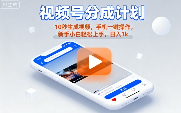 视频号分成计划懒人玩法，10秒生成视频，手机一键操作，新手小白轻松上手，日入1K【揭秘】-校睿铺
