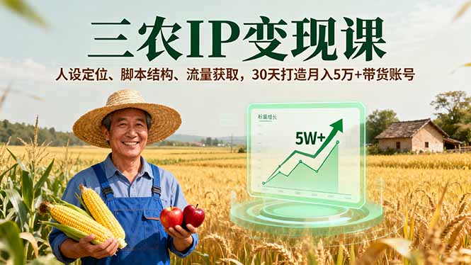 三农IP变现课，人设定位、脚本结构、流量获取，30天打造月入5万+带货账号-校睿铺