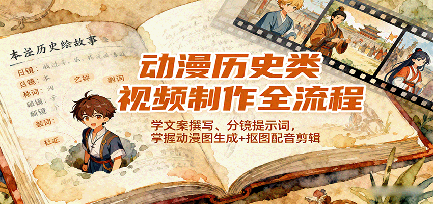 动漫历史类视频制作全流程，学文案撰写、分镜提示词，掌握动漫图生成+抠图配音剪辑-校睿铺