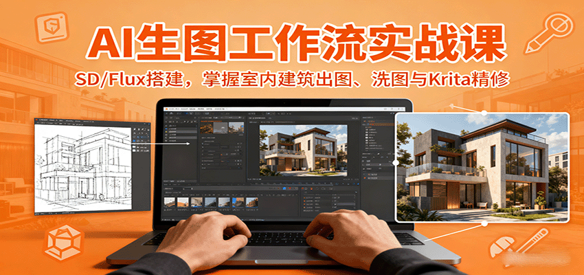 AI生图工作流实战课：SD/Flux搭建，掌握室内建筑出图、洗图与Krita精修-校睿铺