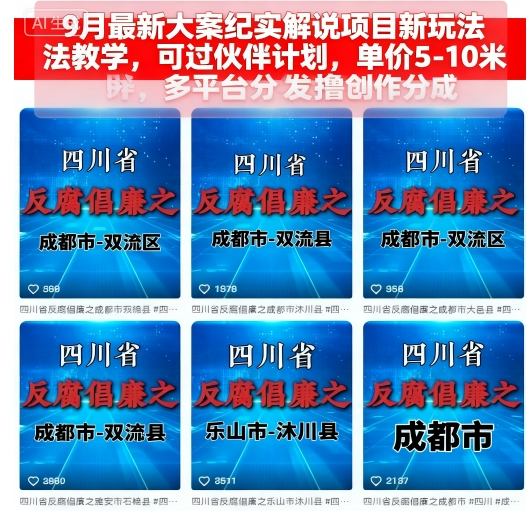 9月最新大案纪实解说项目新玩法教学，可过伙伴计划，单价5-10米，多平台分发撸创作分成-校睿铺