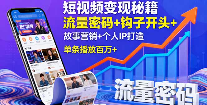 短视频变现秘籍，流量密码+钩子开头+故事营销+个人IP打造，单条播放百万+-校睿铺