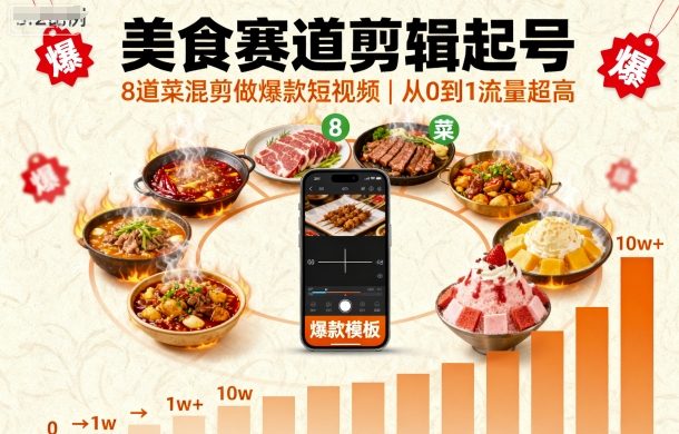美食赛道剪辑起号，8道菜混剪做爆款短视频，从0到1，流量超高-校睿铺