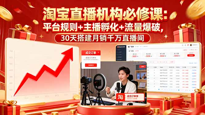 淘宝直播机构必修课：平台规则/主播孵化/流量爆破,30天搭建月销千万直播间-校睿铺