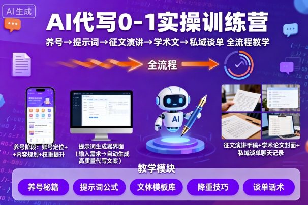 AI代写0-1实操训练营，从养号、提示词、征文演讲、学术文，到私域谈单的全流程教学-校睿铺