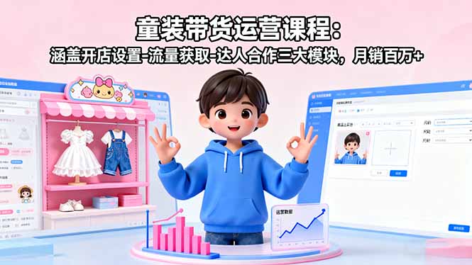 童装带货运营课程：涵盖开店设置-流量获取-达人合作三大模块，月销百万+-校睿铺