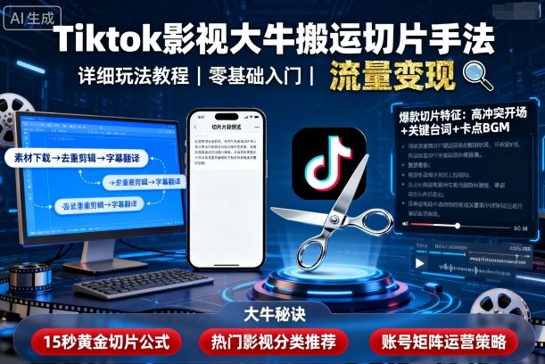 Tiktok影视大牛搬运切片手法，详细玩法教程-校睿铺