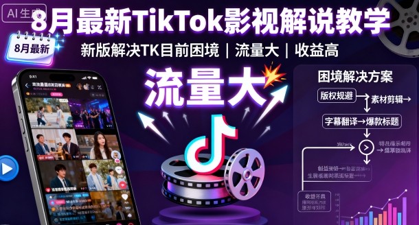 8月最新TikTok影视解说教学，新版解决TK目前困境，流量大，收益高-校睿铺