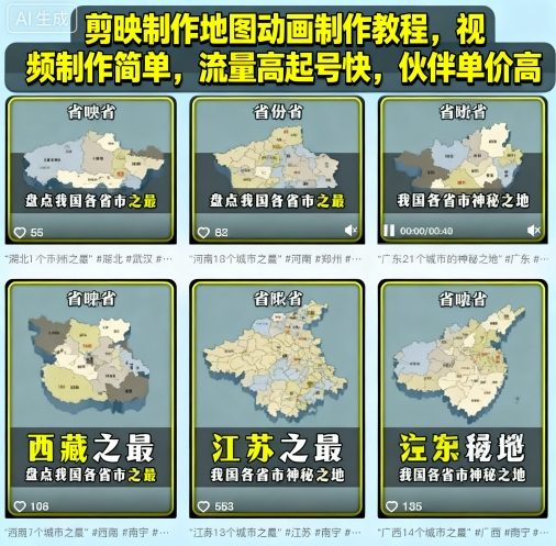 剪映制作地图动画制作教程，视频制作简单，流量高起号快，伙伴单价高-校睿铺