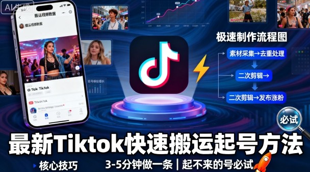 最新Tiktok快速搬运快速起号方法，3-5分钟做一条，起不来的号可以试试-校睿铺