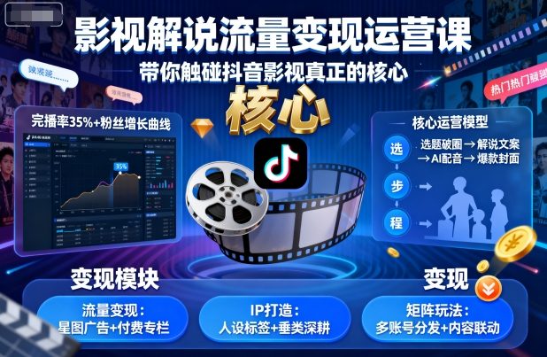 影视解说流量变现运营课，带你触碰抖音影视真正的核心-校睿铺