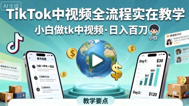TikTok中视频全流程实操教学，小白做tk中视频，日入百刀-校睿铺