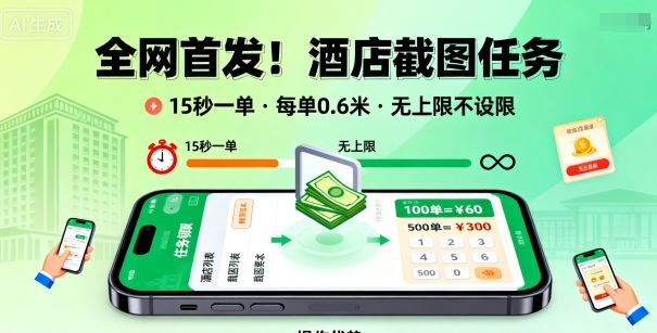 全网首发！酒店截图任务，15秒一单，每单0.6米，任务无上限不设限，矩阵操作单日3张到手【揭秘】-校睿铺