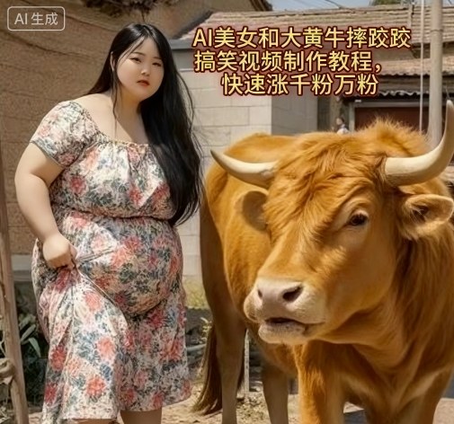 AI美女和大黄牛摔跤搞笑荒诞视频制作教程，快速涨千粉万粉-校睿铺